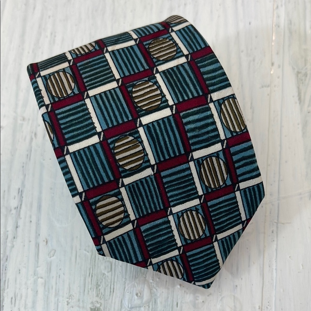 Vintage 90s Geometric Block Pattern Necktie - Navy Blue / Burgundy / Cream